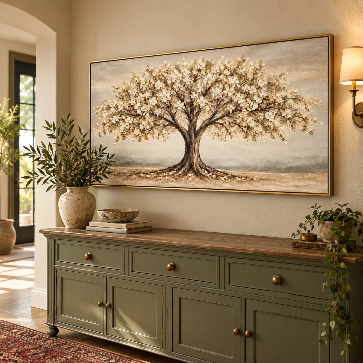 Ownanart Hand-Painted Cream Flowering Tree Landscape Oil Painting – Large Horizontal neutral botanical landscape, textured blossom wall art, Original Canvas Art for Living Room and Office