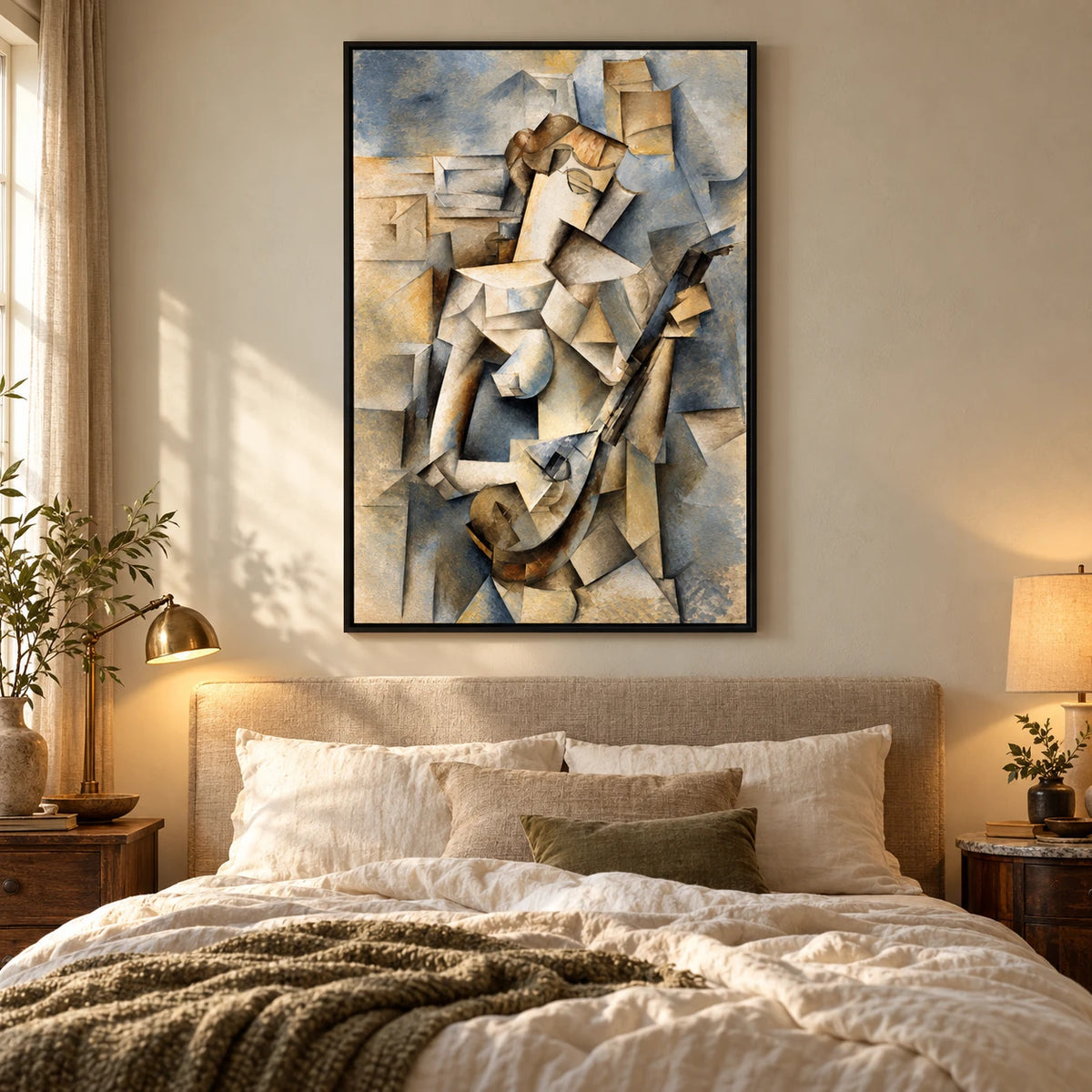 Ownanart Hand-Painted Cubist Guitar Player Oil Painting – Cubist Geometric Figurative Music Art, 3D Textured Vertical Canvas Wall Art, Original Painting for Living Room Bedroom Entryway and Office