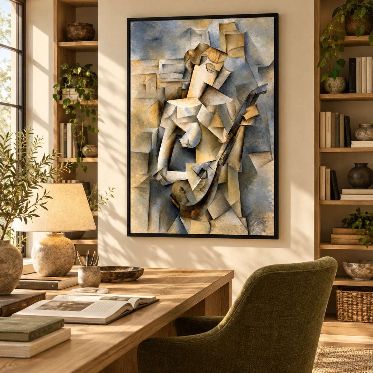 Ownanart Hand-Painted Cubist Guitar Player Oil Painting – Cubist Geometric Figurative Music Art, 3D Textured Vertical Canvas Wall Art, Original Painting for Living Room Bedroom Entryway and Office