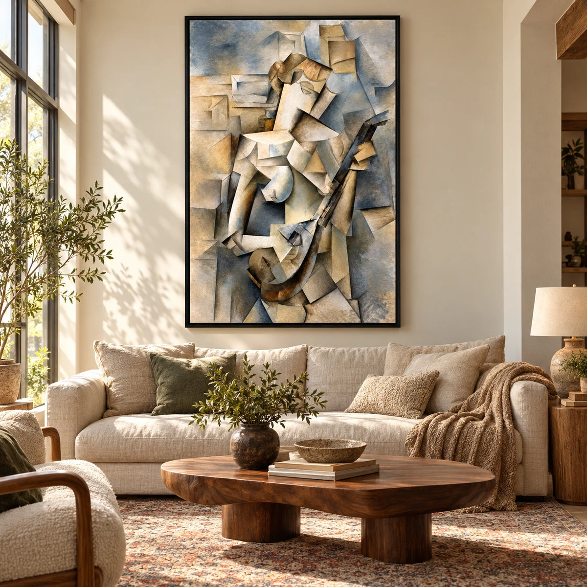 Ownanart Hand-Painted Cubist Guitar Player Oil Painting – Cubist Geometric Figurative Music Art, 3D Textured Vertical Canvas Wall Art, Original Painting for Living Room Bedroom Entryway and Office