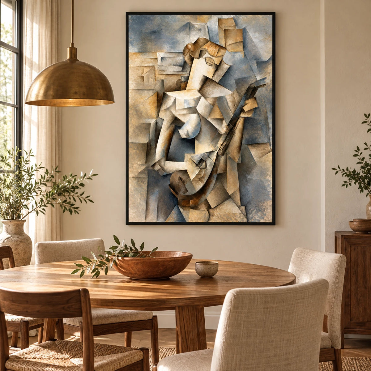 Ownanart Hand-Painted Cubist Guitar Player Oil Painting – Cubist Geometric Figurative Music Art, 3D Textured Vertical Canvas Wall Art, Original Painting for Living Room Bedroom Entryway and Office