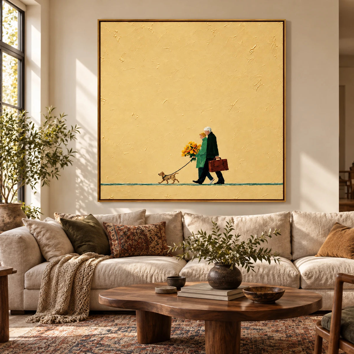 Ownanart Hand-Painted Elderly Couple Walking Dog Oil Painting – Minimalist Narrative Figurative Art, 3D Textured Square Canvas Wall Art, Original Painting for Living Room Bedroom Entryway and Office