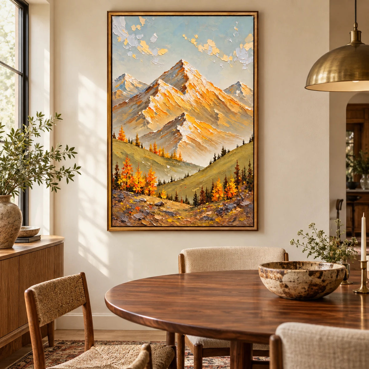 Ownanart Hand-Painted Golden Alpine Peaks and Autumn Trees Oil Painting – Impasto Alpine Landscape, 3D Textured Vertical Canvas Wall Art for Living Room Bedroom Entryway and Office