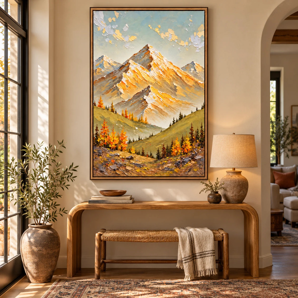 Ownanart Hand-Painted Golden Alpine Peaks and Autumn Trees Oil Painting – Impasto Alpine Landscape, 3D Textured Vertical Canvas Wall Art for Living Room Bedroom Entryway and Office