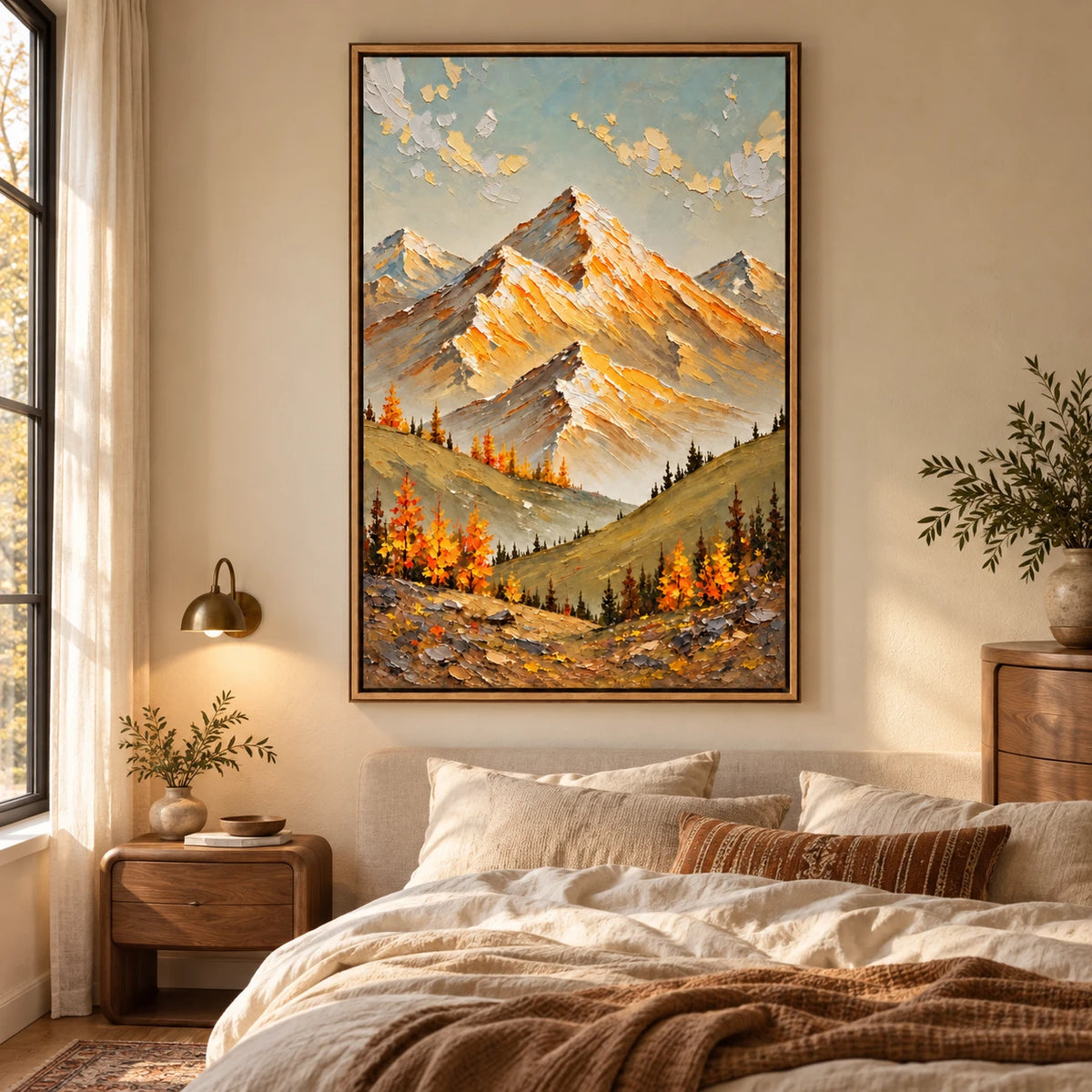 Ownanart Hand-Painted Golden Alpine Peaks and Autumn Trees Oil Painting – Impasto Alpine Landscape, 3D Textured Vertical Canvas Wall Art for Living Room Bedroom Entryway and Office