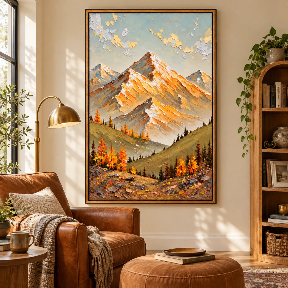 Ownanart Hand-Painted Golden Alpine Peaks and Autumn Trees Oil Painting – Impasto Alpine Landscape, 3D Textured Vertical Canvas Wall Art for Living Room Bedroom Entryway and Office