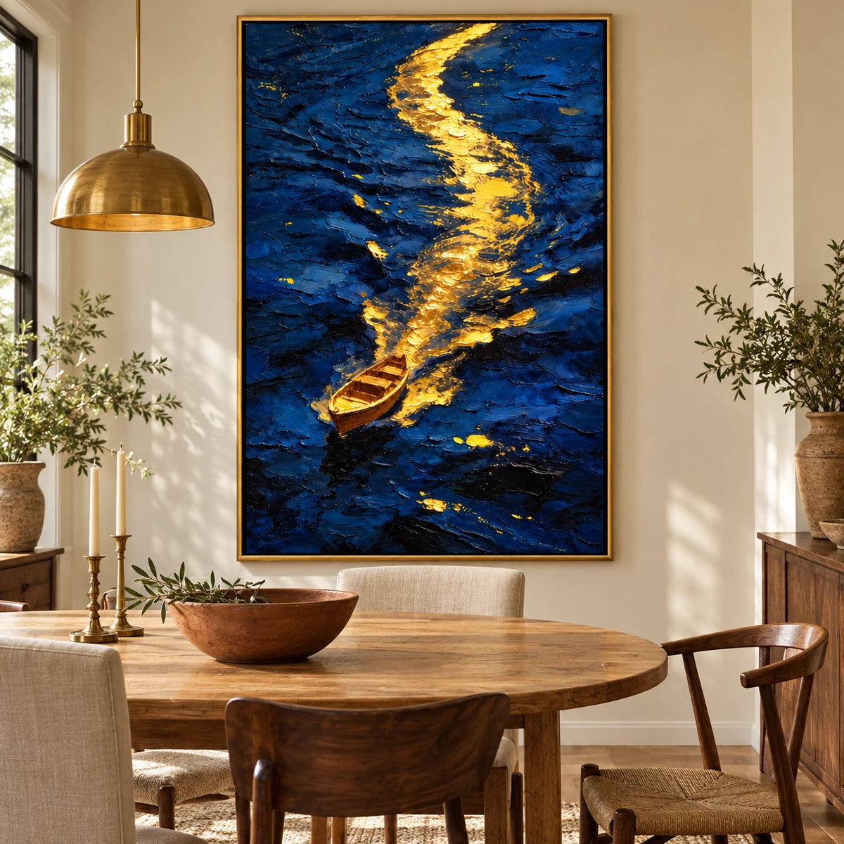 Ownanart Hand-Painted Golden Boat on Deep Blue Water Oil Painting – Abstract Nautical Seascape, 3D Textured Vertical Canvas Wall Art, Original Painting for Living Room Bedroom Entryway and Office