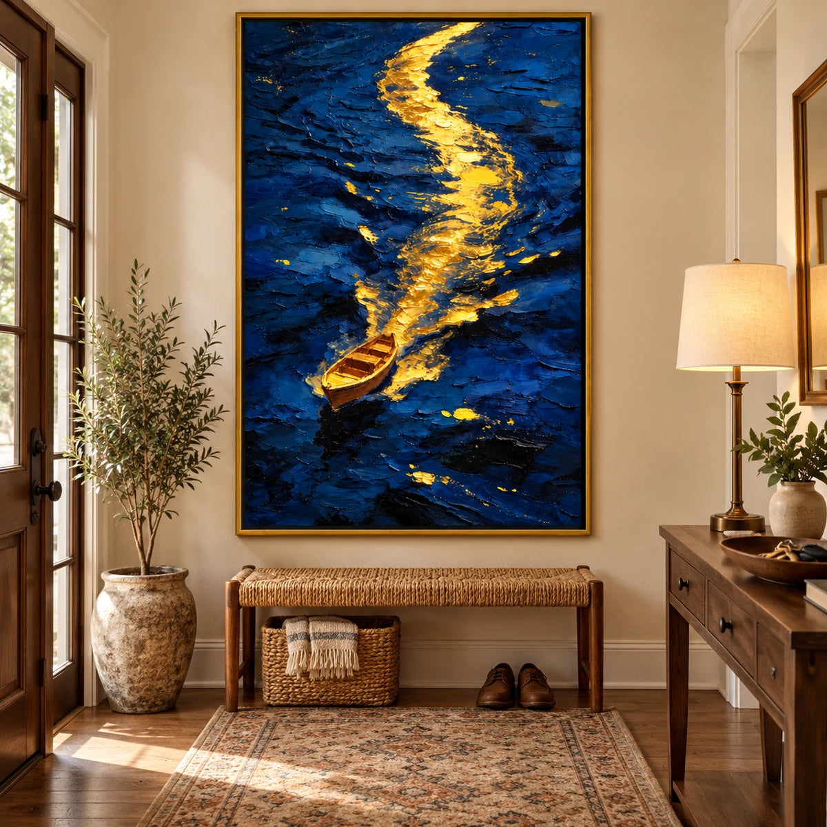 Ownanart Hand-Painted Golden Boat on Deep Blue Water Oil Painting – Abstract Nautical Seascape, 3D Textured Vertical Canvas Wall Art, Original Painting for Living Room Bedroom Entryway and Office