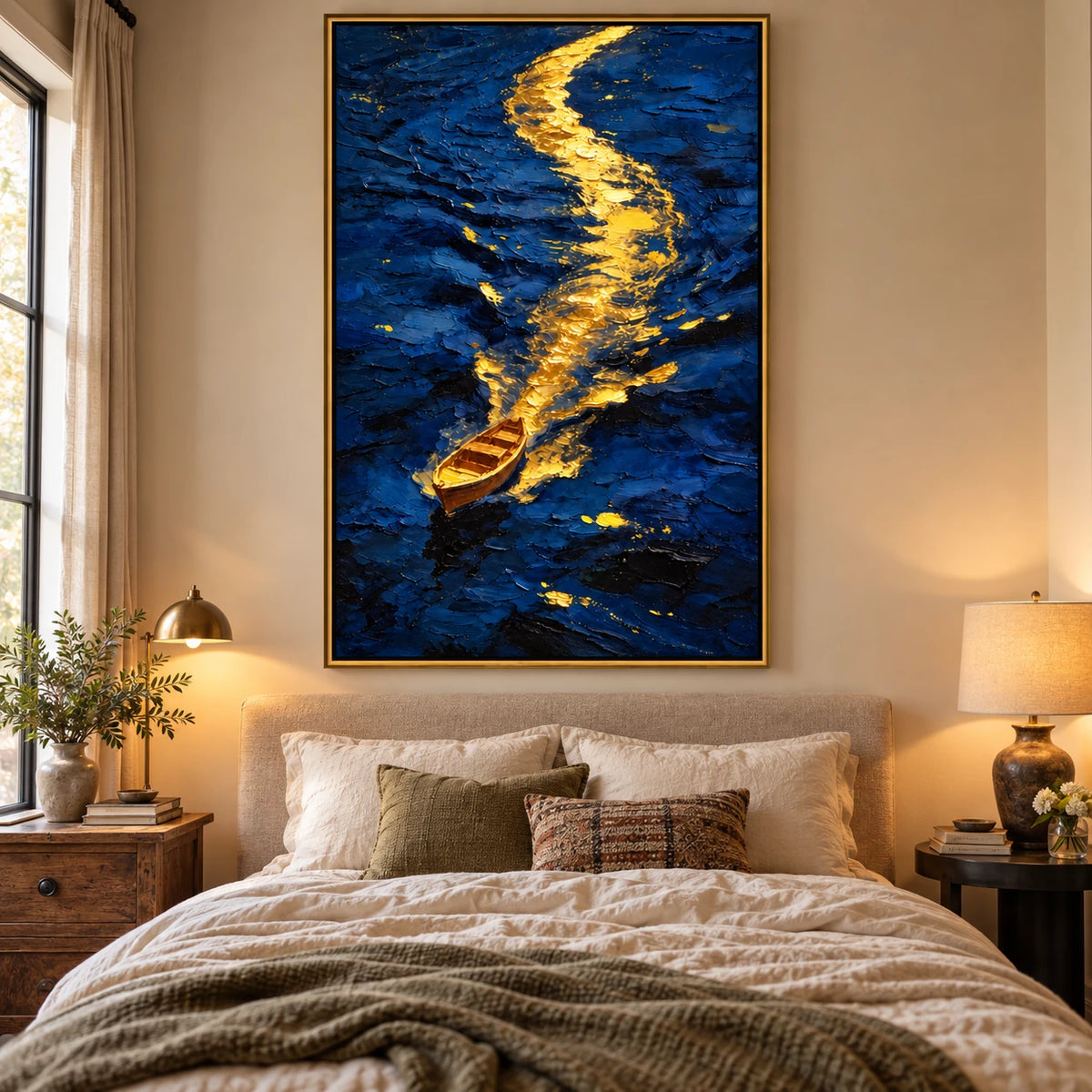 Ownanart Hand-Painted Golden Boat on Deep Blue Water Oil Painting – Abstract Nautical Seascape, 3D Textured Vertical Canvas Wall Art, Original Painting for Living Room Bedroom Entryway and Office