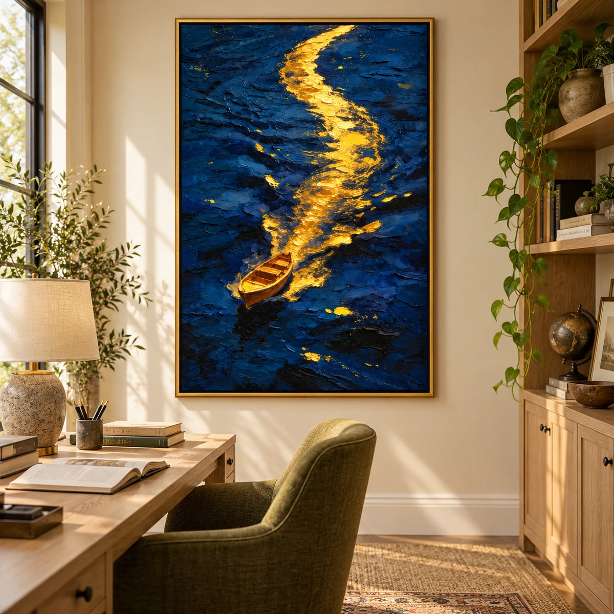 Ownanart Hand-Painted Golden Boat on Deep Blue Water Oil Painting – Abstract Nautical Seascape, 3D Textured Vertical Canvas Wall Art, Original Painting for Living Room Bedroom Entryway and Office