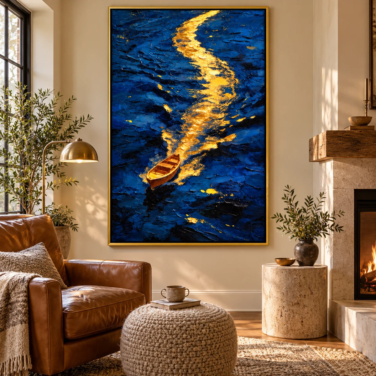 Ownanart Hand-Painted Golden Boat on Deep Blue Water Oil Painting – Abstract Nautical Seascape, 3D Textured Vertical Canvas Wall Art, Original Painting for Living Room Bedroom Entryway and Office