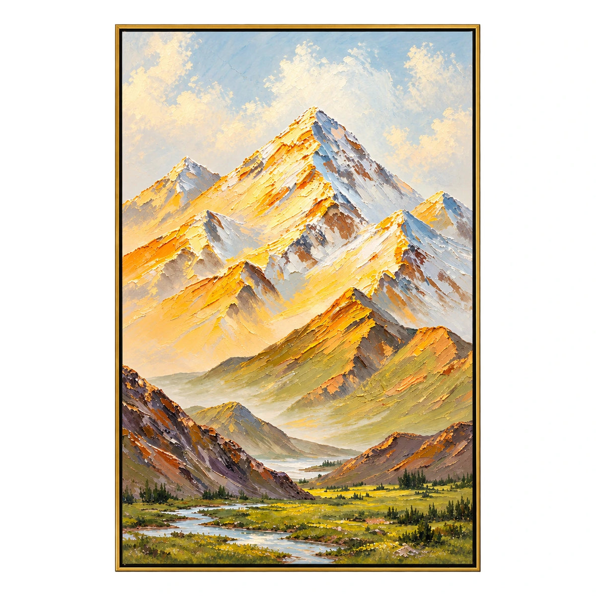 Ownanart Hand-Painted Golden Mountain Valley and Winding Stream Oil Painting – Textured Alpine Landscape, 3D Textured Vertical Canvas Wall Art for Living Room Bedroom Entryway and Office