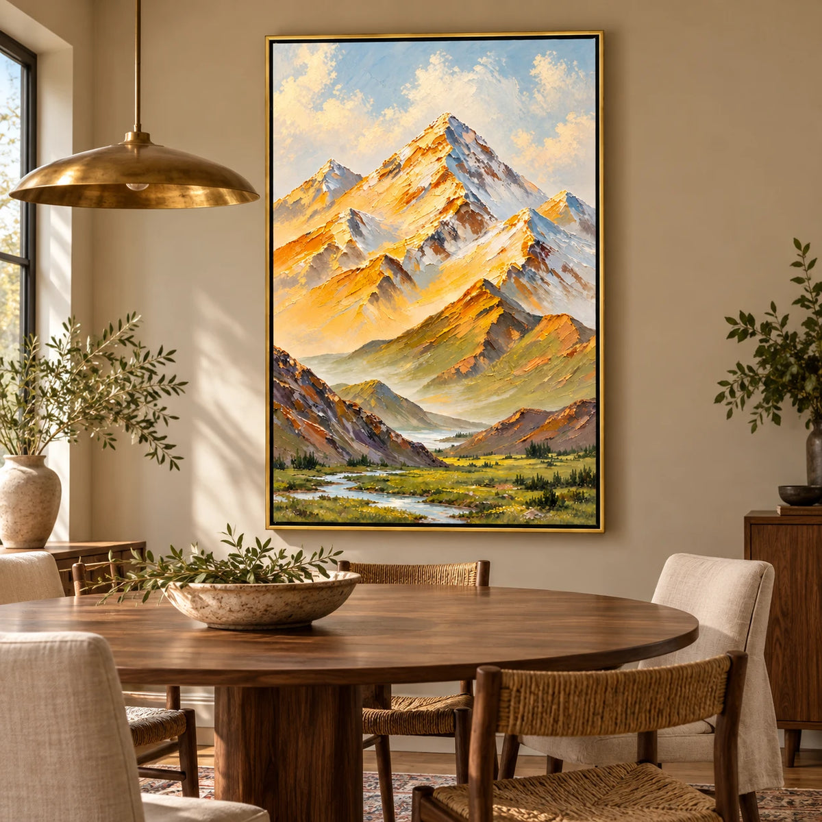 Ownanart Hand-Painted Golden Mountain Valley and Winding Stream Oil Painting – Textured Alpine Landscape, 3D Textured Vertical Canvas Wall Art for Living Room Bedroom Entryway and Office