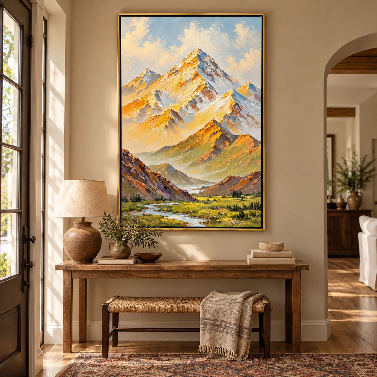 Ownanart Hand-Painted Golden Mountain Valley and Winding Stream Oil Painting – Textured Alpine Landscape, 3D Textured Vertical Canvas Wall Art for Living Room Bedroom Entryway and Office