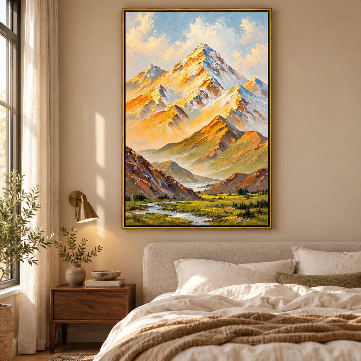 Ownanart Hand-Painted Golden Mountain Valley and Winding Stream Oil Painting – Textured Alpine Landscape, 3D Textured Vertical Canvas Wall Art for Living Room Bedroom Entryway and Office