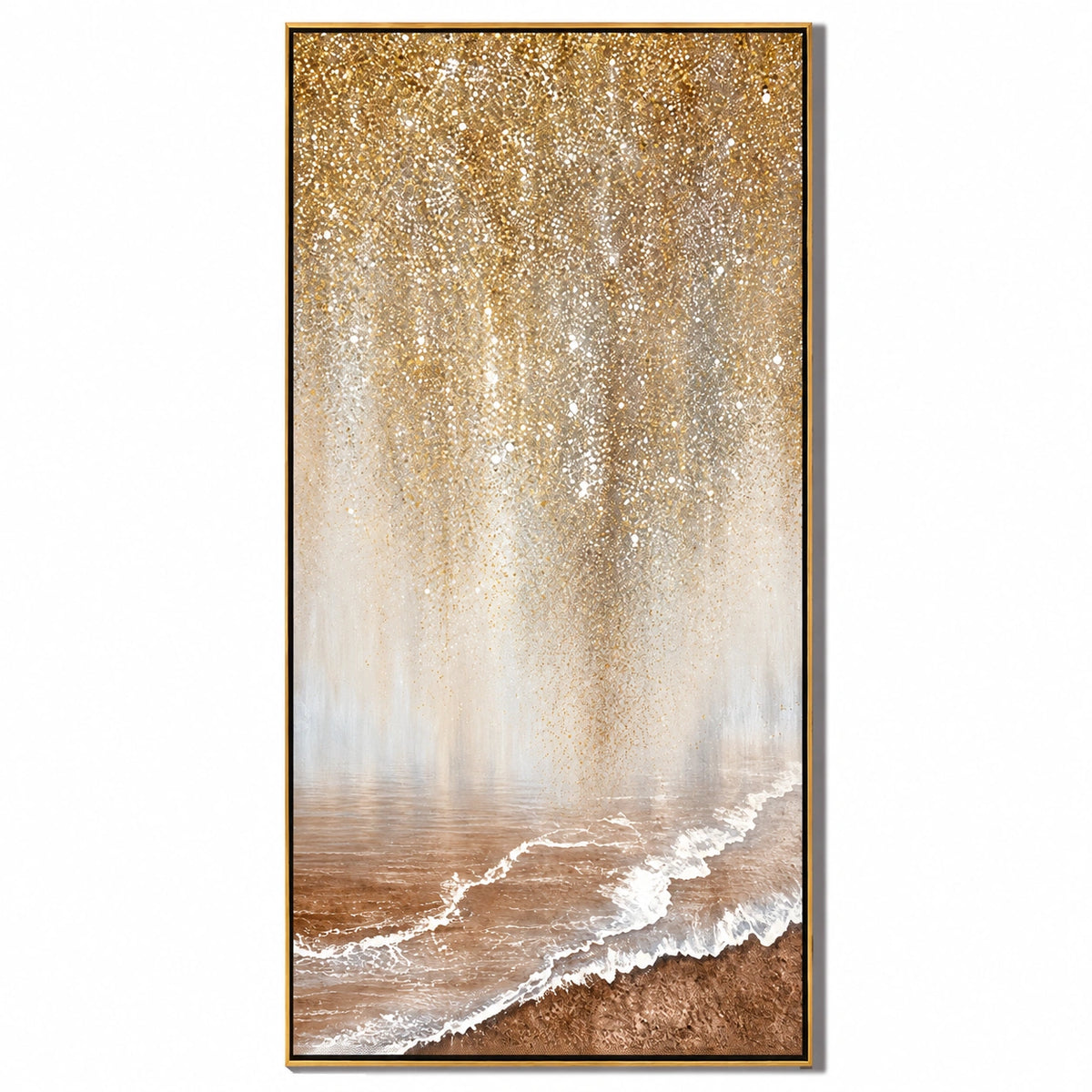 Ownanart Hand-Painted Golden Shimmer over Ocean Shore Oil Painting – Neutral Abstract Coastal Landscape, 3D Textured Vertical Canvas Wall Art for Living Room Bedroom Entryway and Office