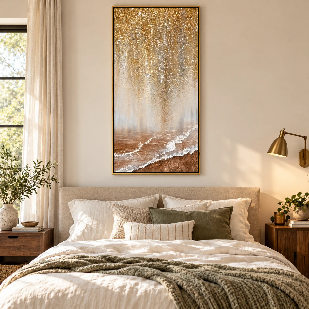 Ownanart Hand-Painted Golden Shimmer over Ocean Shore Oil Painting – Neutral Abstract Coastal Landscape, 3D Textured Vertical Canvas Wall Art for Living Room Bedroom Entryway and Office