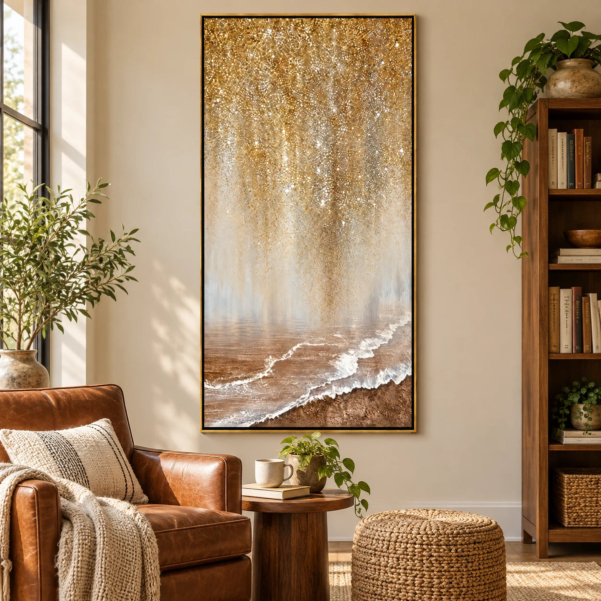Ownanart Hand-Painted Golden Shimmer over Ocean Shore Oil Painting – Neutral Abstract Coastal Landscape, 3D Textured Vertical Canvas Wall Art for Living Room Bedroom Entryway and Office