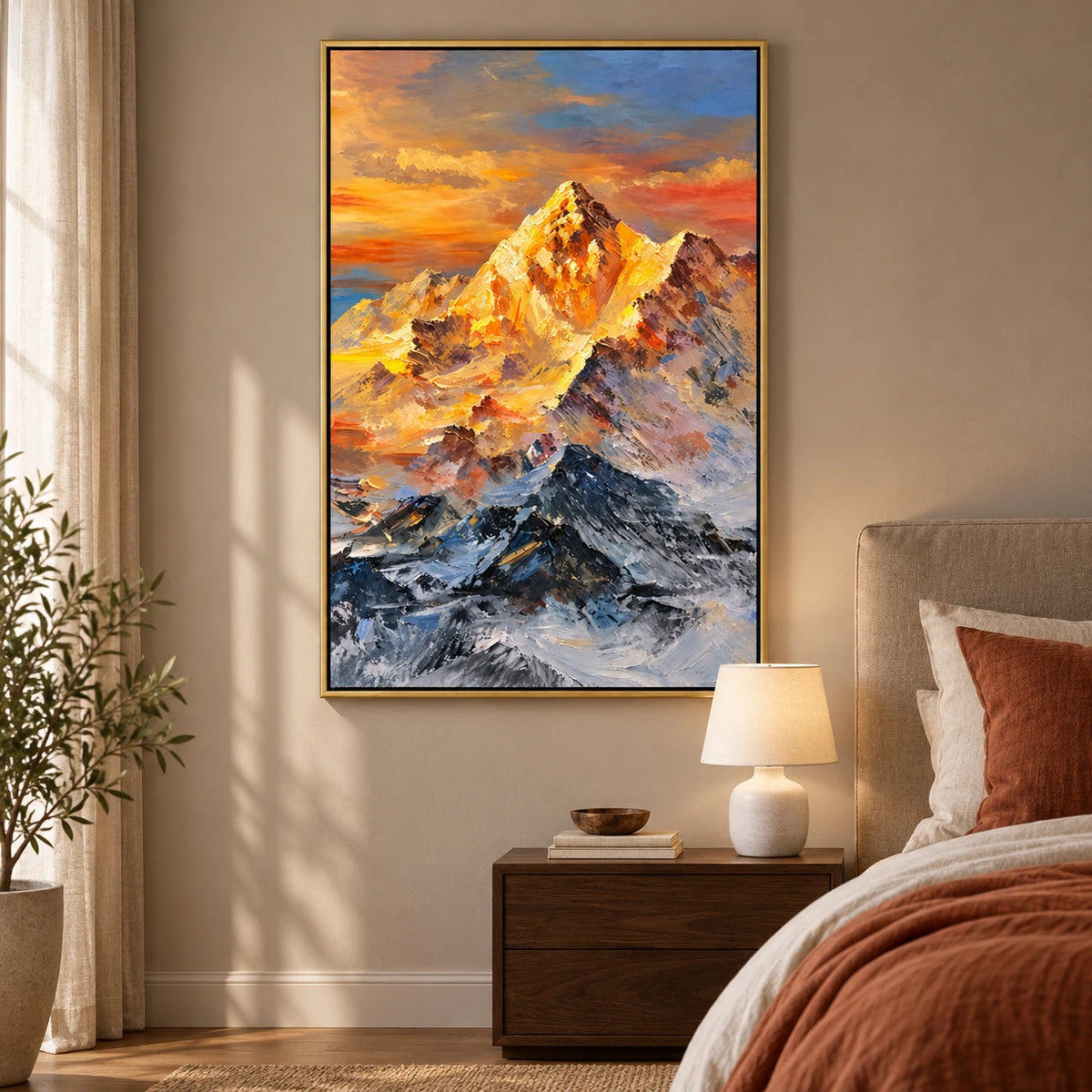 Ownanart Hand-Painted Golden Sunlit Snow Mountain Peak Oil Painting – Alpine Landscape Art, 3D Textured Vertical Canvas Wall Art for Living Room Bedroom Entryway and Office
