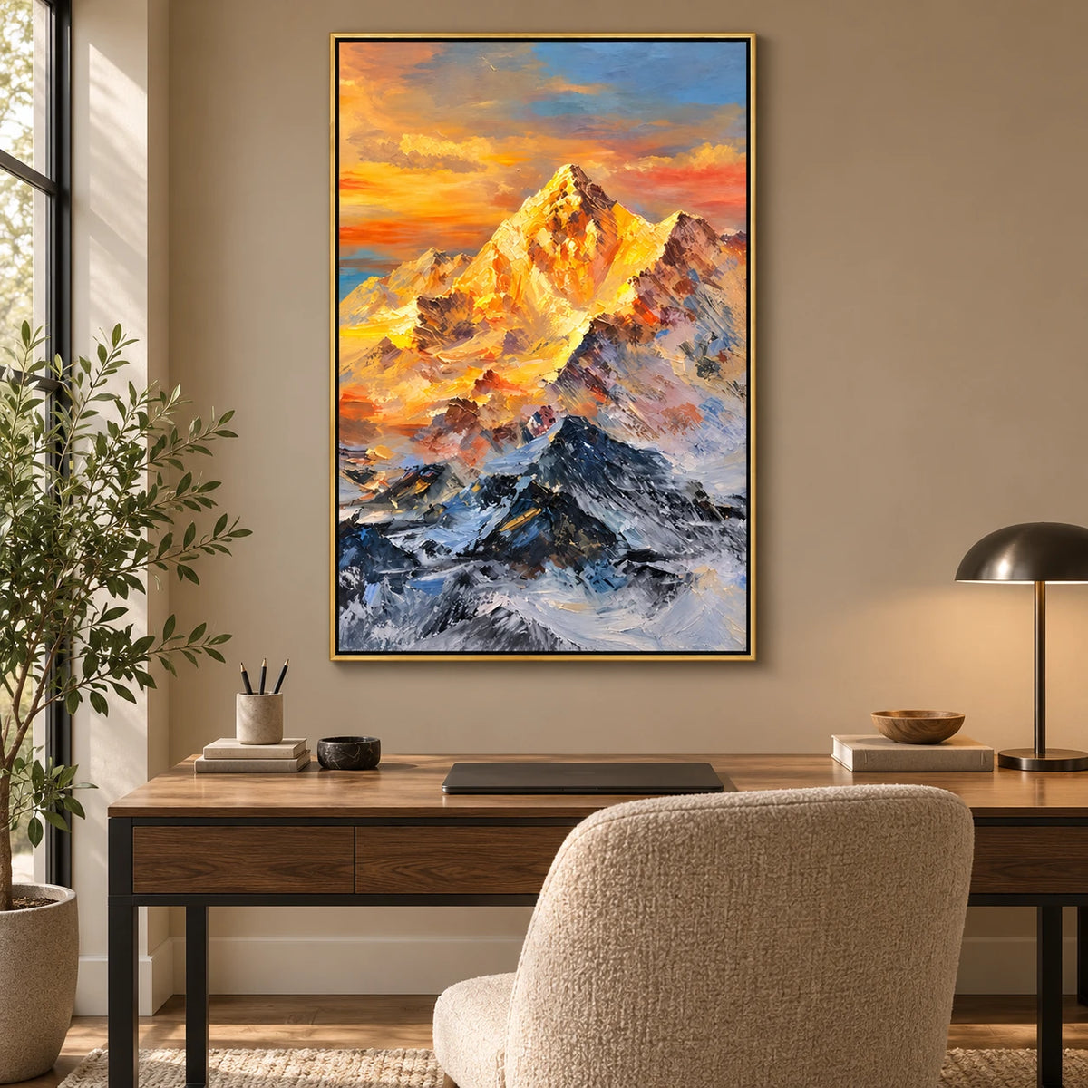 Ownanart Hand-Painted Golden Sunlit Snow Mountain Peak Oil Painting – Alpine Landscape Art, 3D Textured Vertical Canvas Wall Art for Living Room Bedroom Entryway and Office