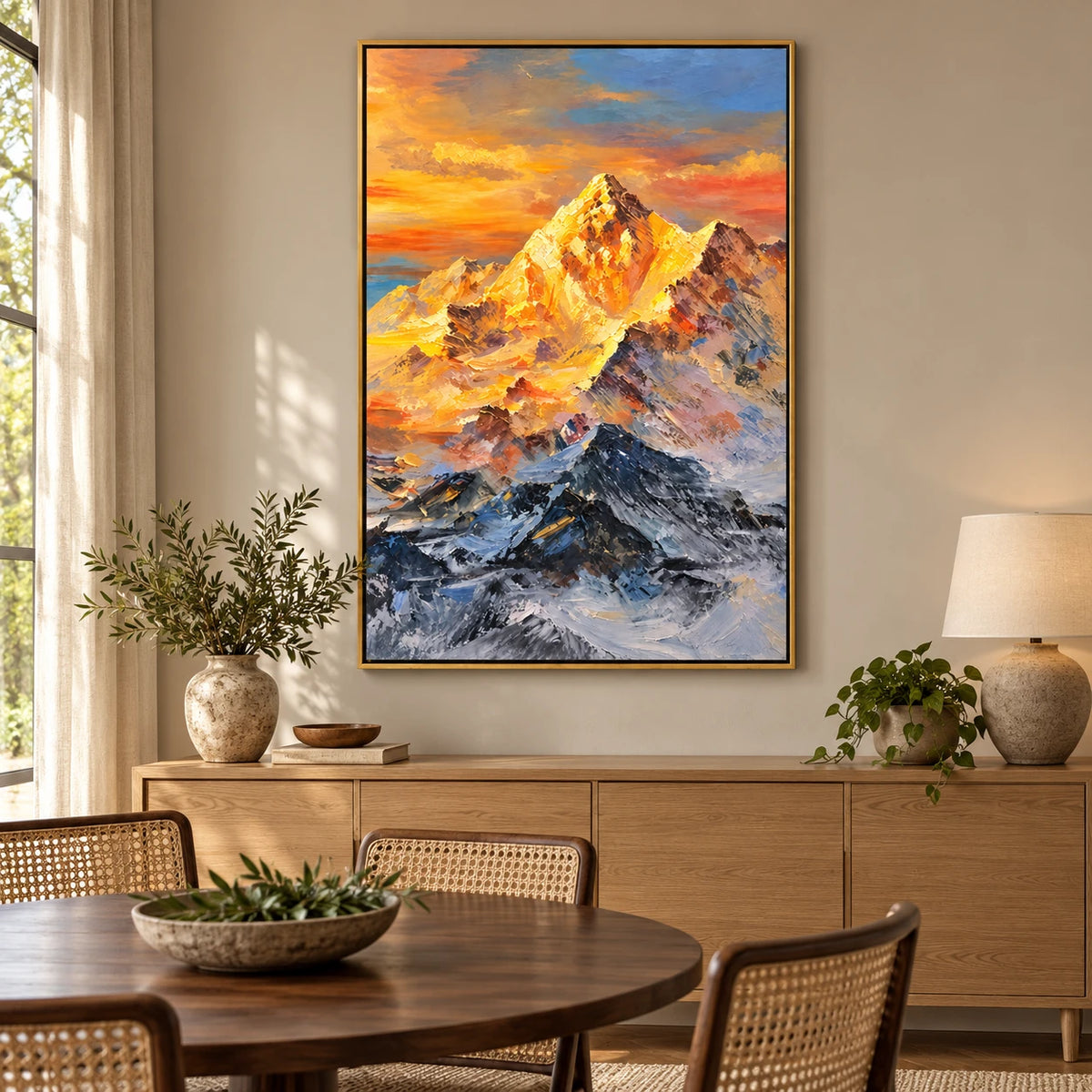 Ownanart Hand-Painted Golden Sunlit Snow Mountain Peak Oil Painting – Alpine Landscape Art, 3D Textured Vertical Canvas Wall Art for Living Room Bedroom Entryway and Office