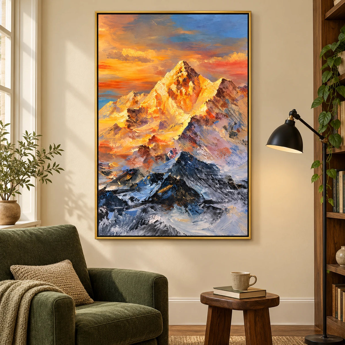 Ownanart Hand-Painted Golden Sunlit Snow Mountain Peak Oil Painting – Alpine Landscape Art, 3D Textured Vertical Canvas Wall Art for Living Room Bedroom Entryway and Office