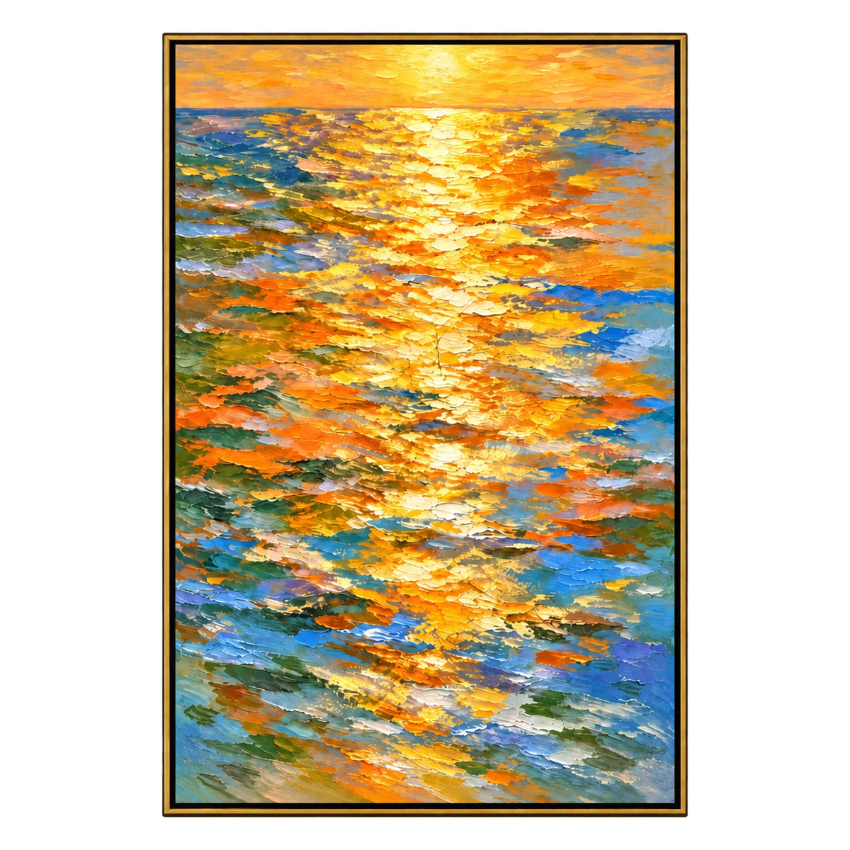 Ownanart Hand-Painted Golden Sunset Reflections on Blue Ocean Oil Painting – Impressionist Abstract Seascape, 3D Textured Vertical Canvas Wall Art for Living Room Bedroom Entryway and Office