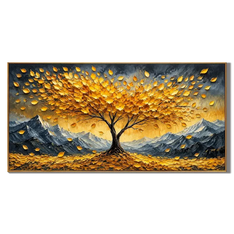 Ownanart Hand-Painted Golden Tree and Mountain Landscape Oil Painting – Large Horizontal textured autumn landscape canvas, impasto nature wall art, Original Canvas Art for Living Room and Office