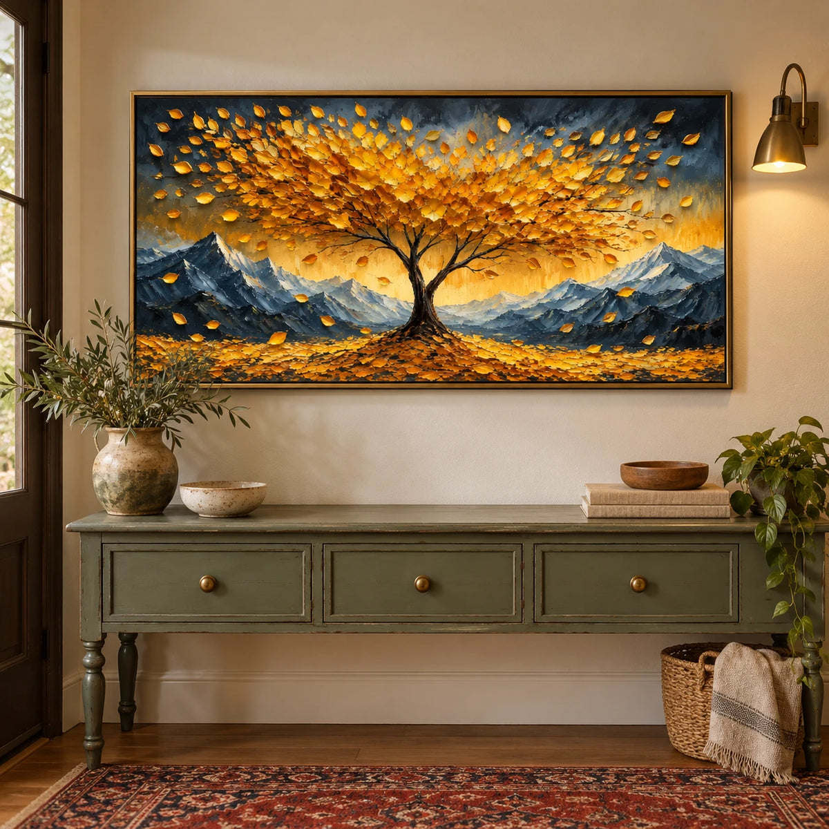 Ownanart Hand-Painted Golden Tree and Mountain Landscape Oil Painting – Large Horizontal textured autumn landscape canvas, impasto nature wall art, Original Canvas Art for Living Room and Office