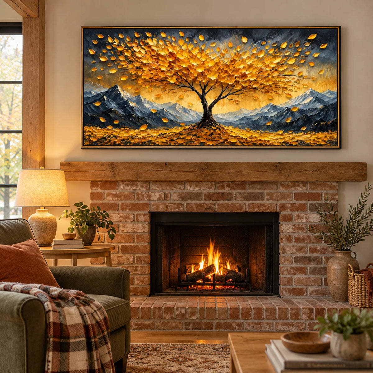 Ownanart Hand-Painted Golden Tree and Mountain Landscape Oil Painting – Large Horizontal textured autumn landscape canvas, impasto nature wall art, Original Canvas Art for Living Room and Office