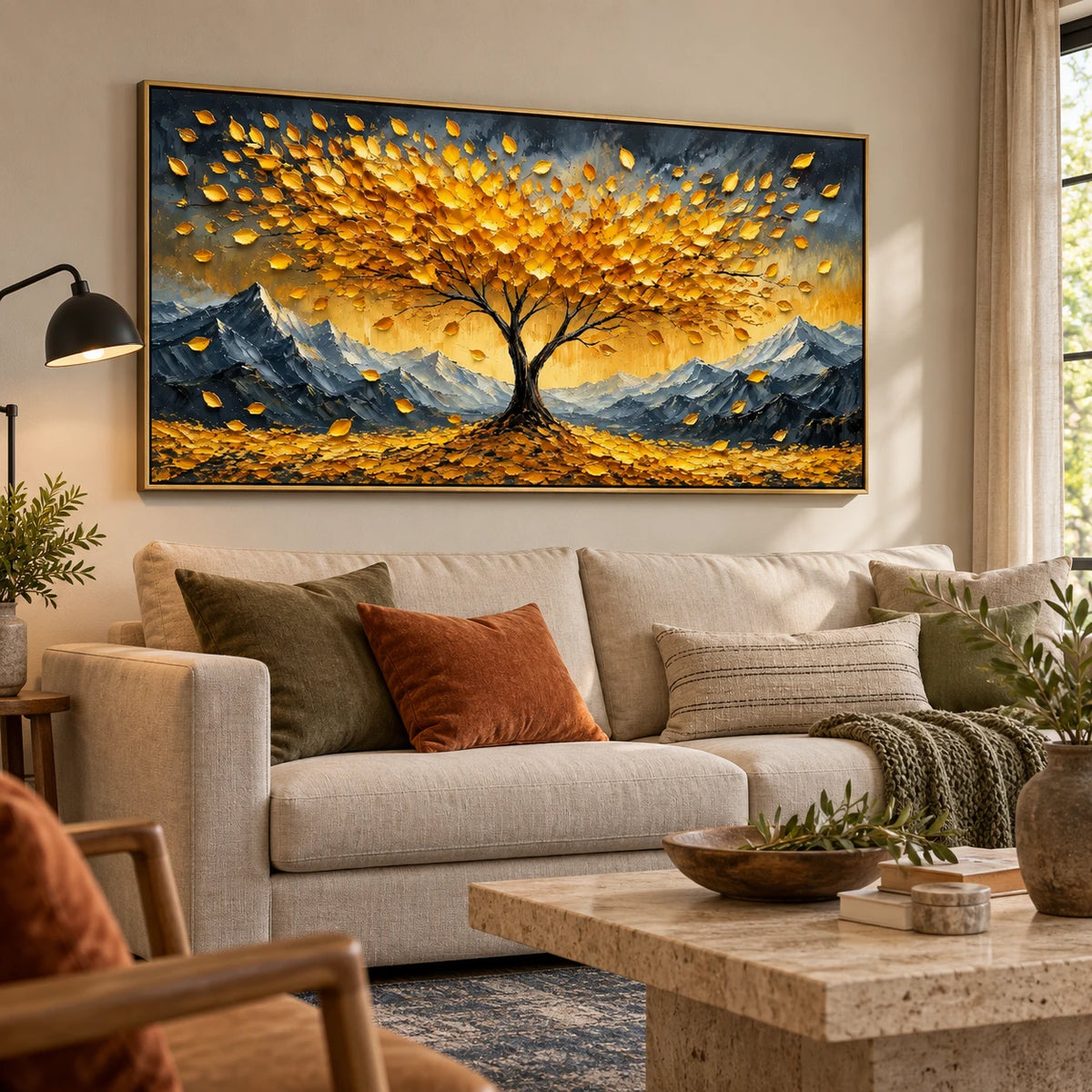 Ownanart Hand-Painted Golden Tree and Mountain Landscape Oil Painting – Large Horizontal textured autumn landscape canvas, impasto nature wall art, Original Canvas Art for Living Room and Office