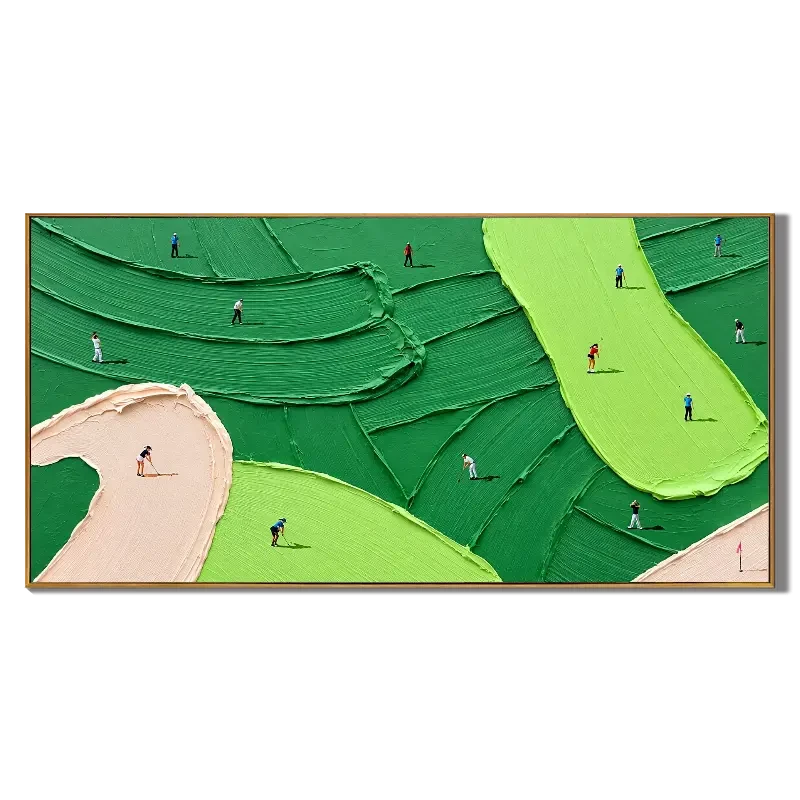 Ownanart Hand-Painted Green Abstract Golf Course Oil Painting – Large Horizontal textured sports canvas, golf wall art for office, Original Canvas Art for Living Room and Office