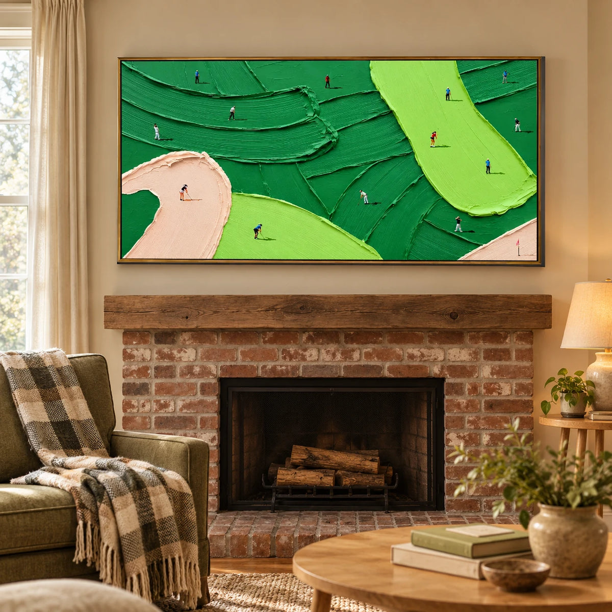 Ownanart Hand-Painted Green Abstract Golf Course Oil Painting – Large Horizontal textured sports canvas, golf wall art for office, Original Canvas Art for Living Room and Office