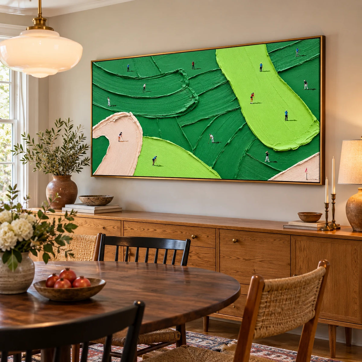 Ownanart Hand-Painted Green Abstract Golf Course Oil Painting – Large Horizontal textured sports canvas, golf wall art for office, Original Canvas Art for Living Room and Office
