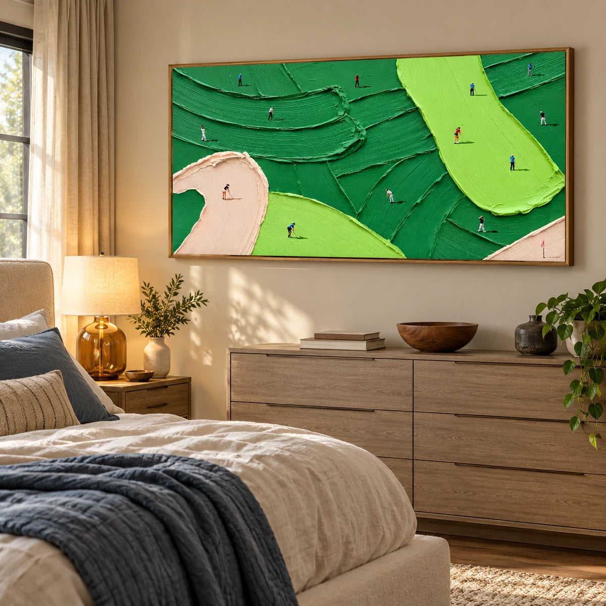 Ownanart Hand-Painted Green Abstract Golf Course Oil Painting – Large Horizontal textured sports canvas, golf wall art for office, Original Canvas Art for Living Room and Office