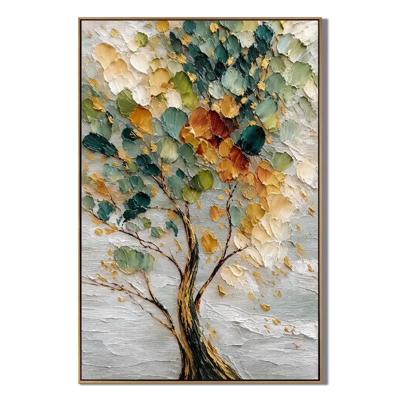 Ownanart Hand-Painted Green and Gold Textured Tree Oil Painting – Vertical vertical impasto botanical canvas, abstract nature wall art, Original Canvas Art for Living Room and Office