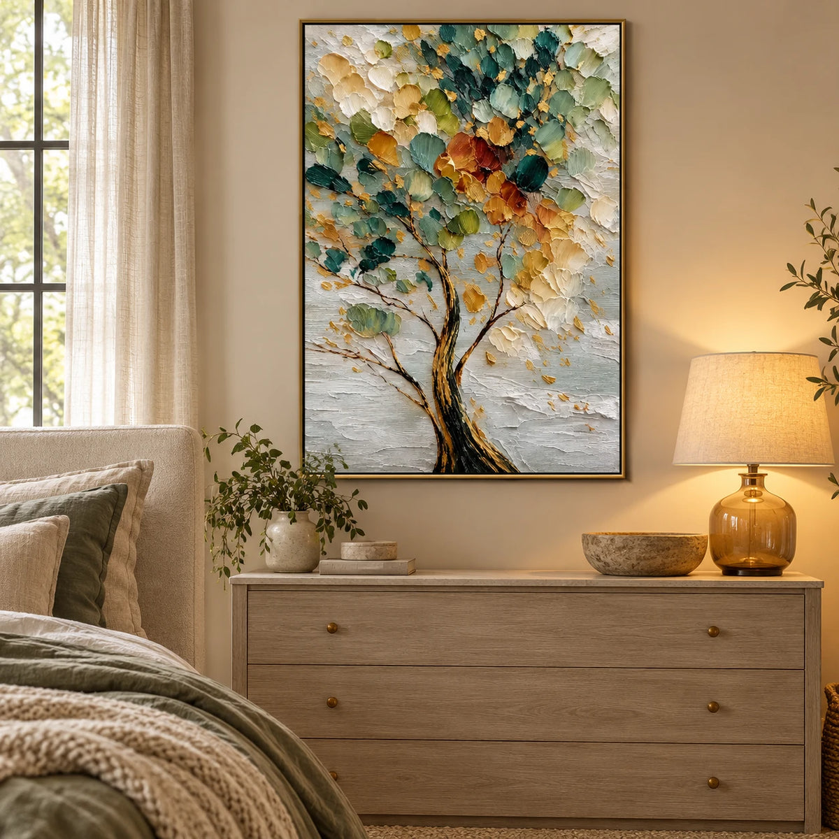 Ownanart Hand-Painted Green and Gold Textured Tree Oil Painting – Vertical vertical impasto botanical canvas, abstract nature wall art, Original Canvas Art for Living Room and Office