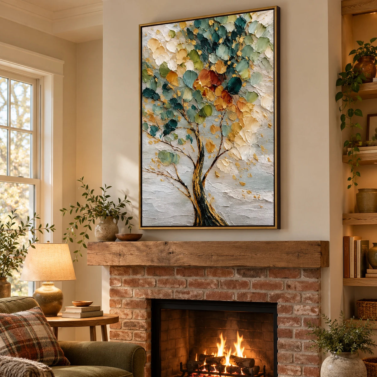 Ownanart Hand-Painted Green and Gold Textured Tree Oil Painting – Vertical vertical impasto botanical canvas, abstract nature wall art, Original Canvas Art for Living Room and Office
