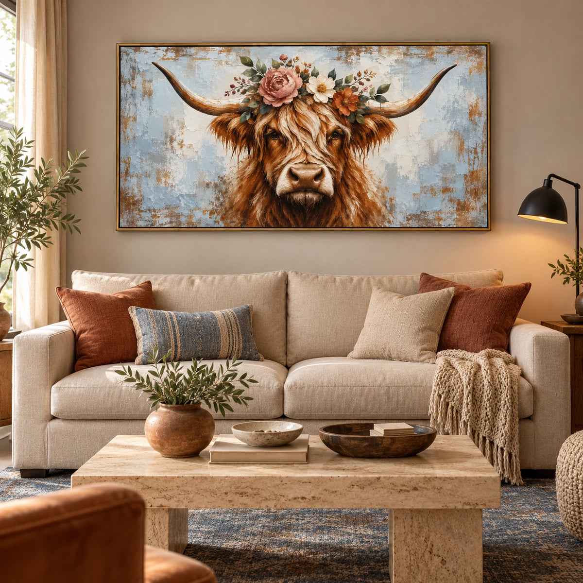 Ownanart Hand-Painted Highland Cow with Flower Crown Oil Painting – Large Horizontal rustic animal portrait canvas, farmhouse cow wall art, Original Canvas Art for Living Room and Office