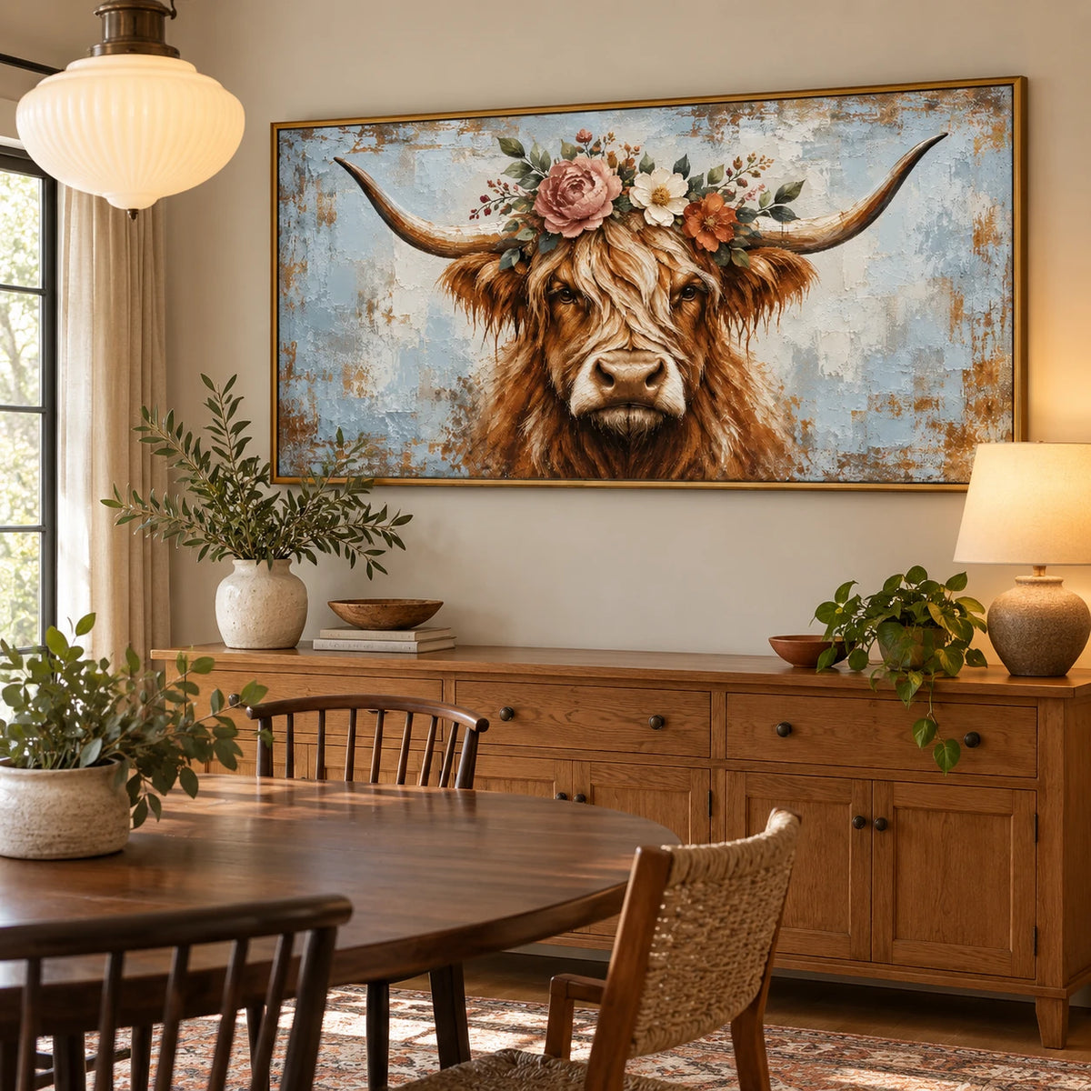 Ownanart Hand-Painted Highland Cow with Flower Crown Oil Painting – Large Horizontal rustic animal portrait canvas, farmhouse cow wall art, Original Canvas Art for Living Room and Office