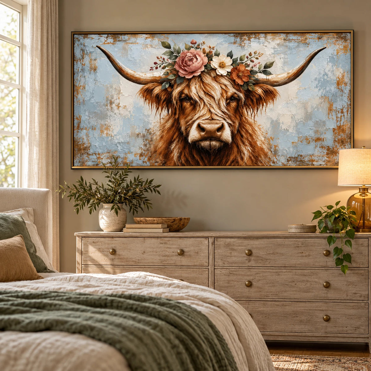 Ownanart Hand-Painted Highland Cow with Flower Crown Oil Painting – Large Horizontal rustic animal portrait canvas, farmhouse cow wall art, Original Canvas Art for Living Room and Office