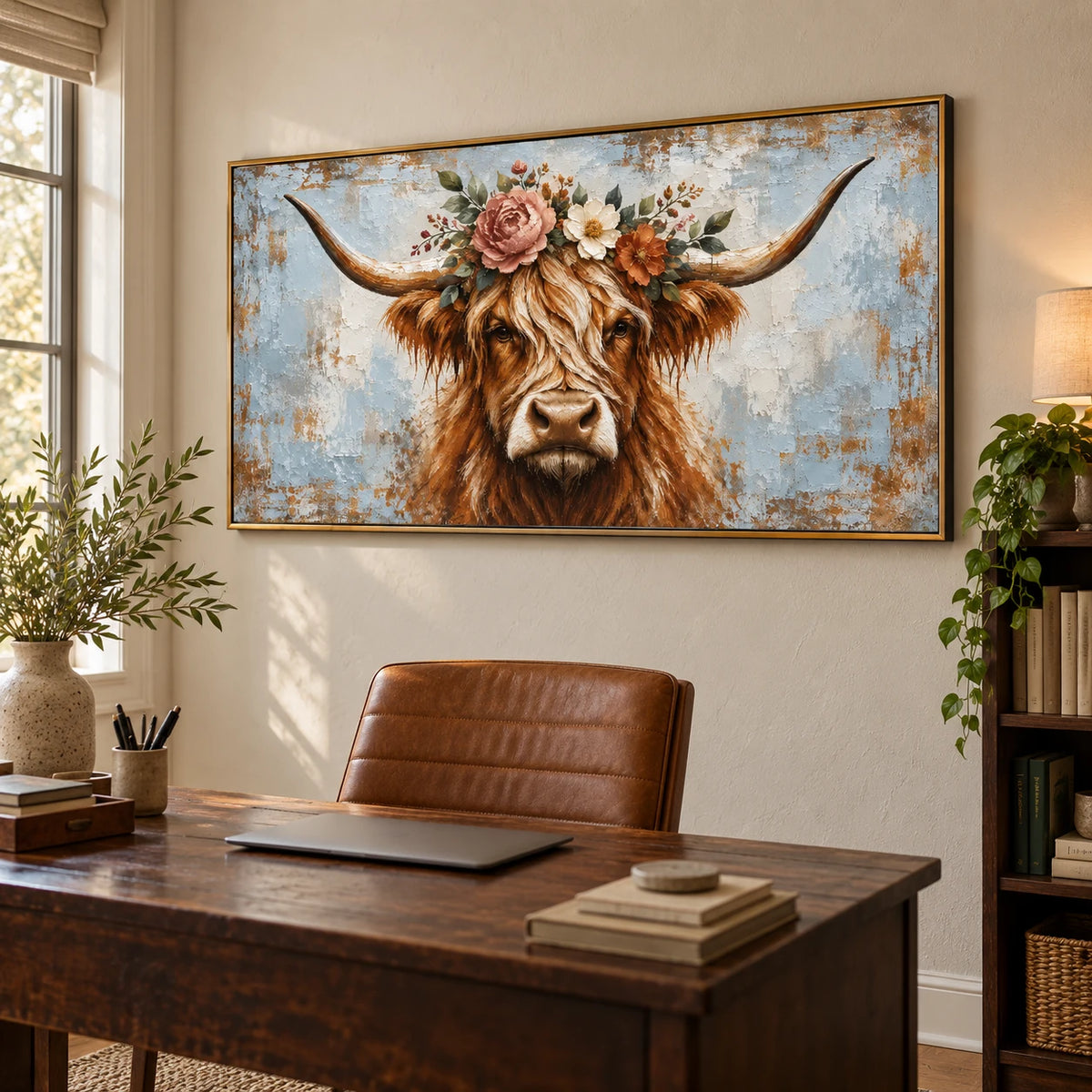 Ownanart Hand-Painted Highland Cow with Flower Crown Oil Painting – Large Horizontal rustic animal portrait canvas, farmhouse cow wall art, Original Canvas Art for Living Room and Office