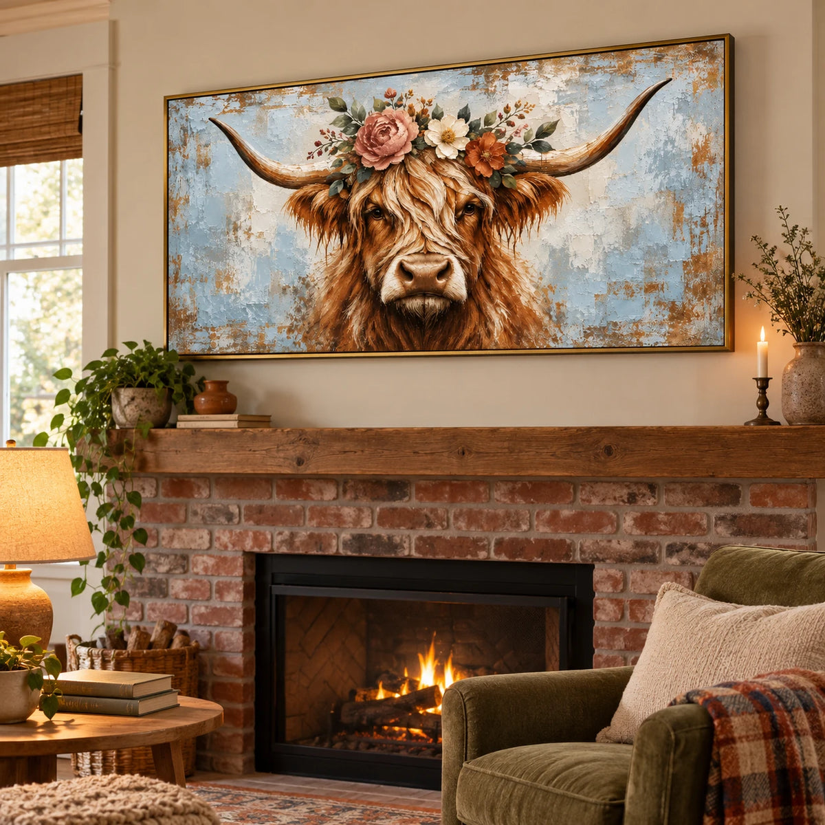 Ownanart Hand-Painted Highland Cow with Flower Crown Oil Painting – Large Horizontal rustic animal portrait canvas, farmhouse cow wall art, Original Canvas Art for Living Room and Office