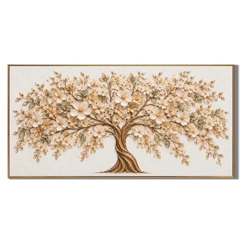 Ownanart Hand-Painted Ivory Flowering Tree Oil Painting – Large Horizontal neutral floral tree canvas, textured botanical wall art, Original Canvas Art for Living Room and Office