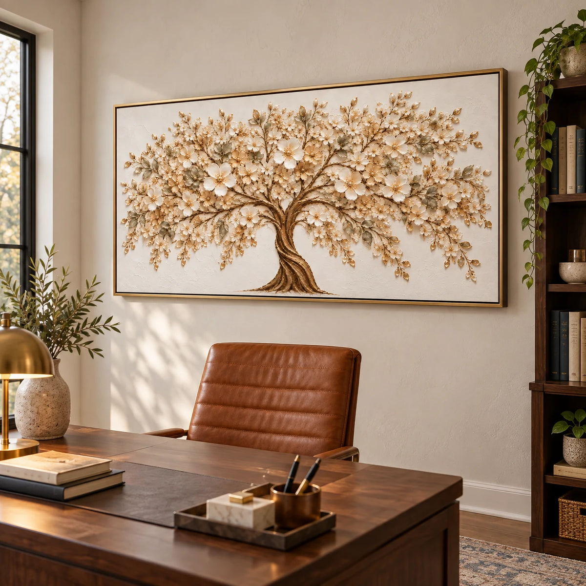 Ownanart Hand-Painted Ivory Flowering Tree Oil Painting – Large Horizontal neutral floral tree canvas, textured botanical wall art, Original Canvas Art for Living Room and Office