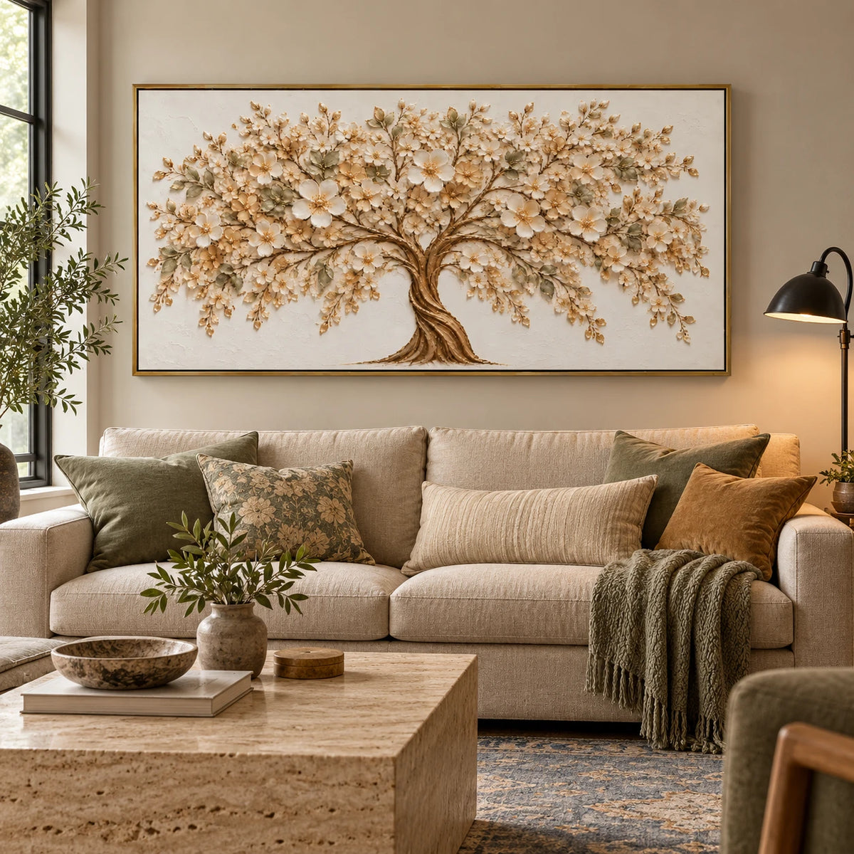 Ownanart Hand-Painted Ivory Flowering Tree Oil Painting – Large Horizontal neutral floral tree canvas, textured botanical wall art, Original Canvas Art for Living Room and Office