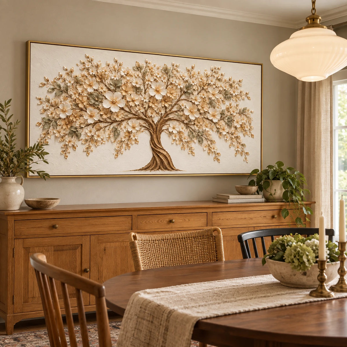 Ownanart Hand-Painted Ivory Flowering Tree Oil Painting – Large Horizontal neutral floral tree canvas, textured botanical wall art, Original Canvas Art for Living Room and Office