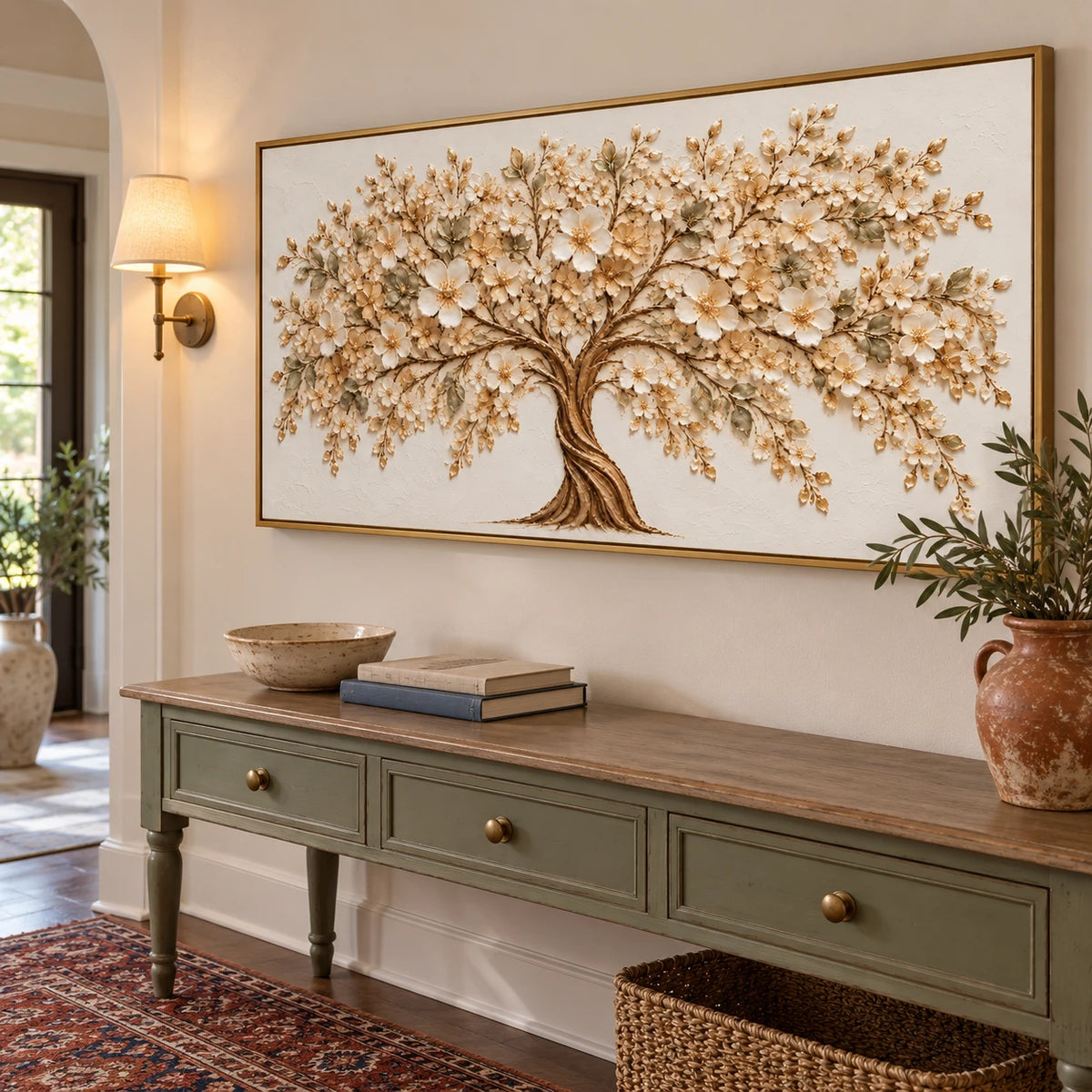 Ownanart Hand-Painted Ivory Flowering Tree Oil Painting – Large Horizontal neutral floral tree canvas, textured botanical wall art, Original Canvas Art for Living Room and Office