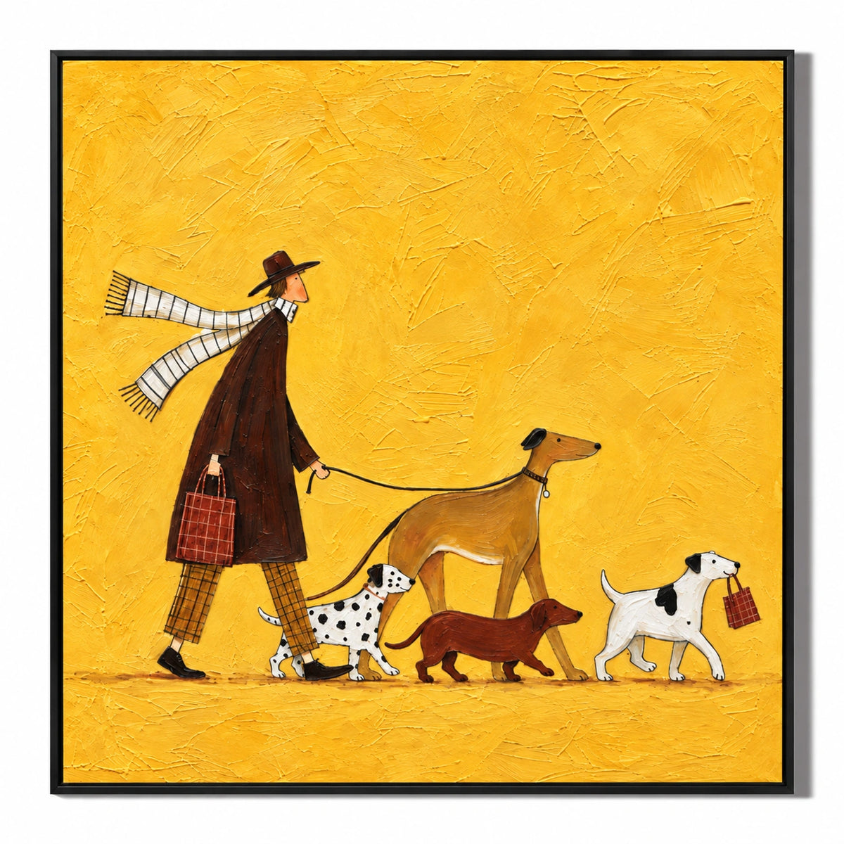 Ownanart Hand-Painted Man Walking Four Dogs on Yellow Background Oil Painting – Whimsical Folk Figurative Animal Art, 3D Textured Square Canvas Wall Art for Living Room Bedroom Entryway and Office
