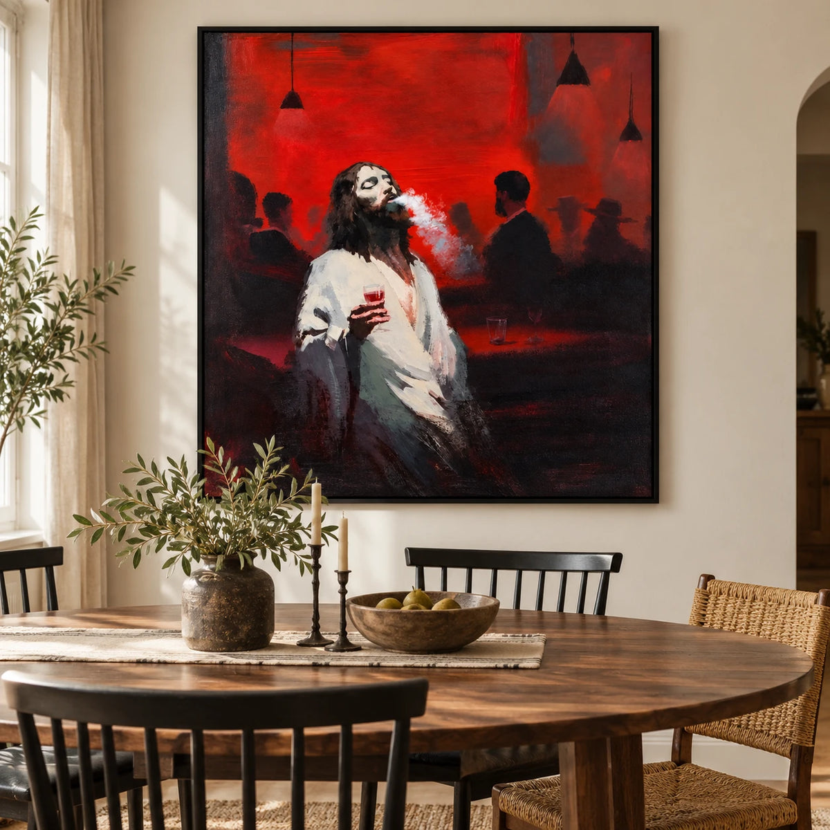 Ownanart Hand-Painted Man with Wine Glass in Red Bar Oil Painting – Expressive Figurative Portrait Art, 3D Textured Square Canvas Wall Art for Living Room Bedroom Entryway and Office
